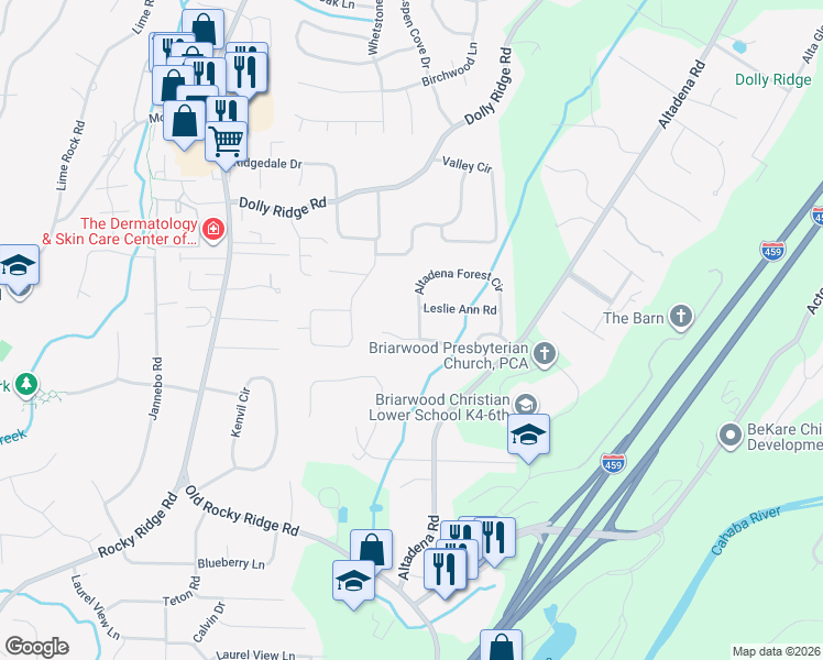 map of restaurants, bars, coffee shops, grocery stores, and more near 3625 Dabney Drive in Vestavia Hills