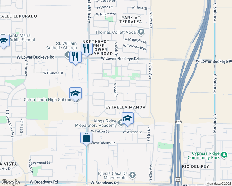 map of restaurants, bars, coffee shops, grocery stores, and more near West Miami Street in Phoenix