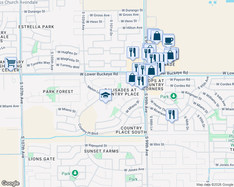 map of restaurants, bars, coffee shops, grocery stores, and more near 3024 South 101st Avenue in Tolleson