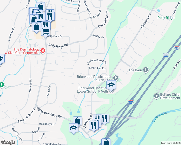 map of restaurants, bars, coffee shops, grocery stores, and more near 3625 Dabney Drive in Vestavia Hills
