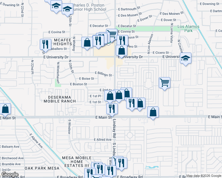 map of restaurants, bars, coffee shops, grocery stores, and more near 1-183 N Lindsay Rd in Mesa