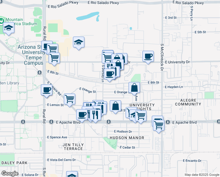 map of restaurants, bars, coffee shops, grocery stores, and more near 1322 East Orange Street in Tempe