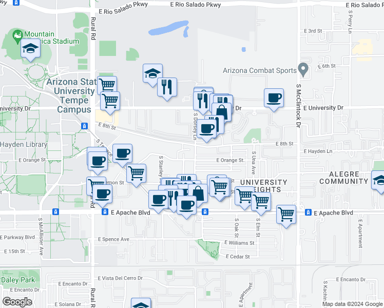 map of restaurants, bars, coffee shops, grocery stores, and more near 912 South Dorsey Lane in Tempe