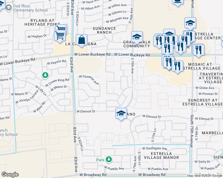 map of restaurants, bars, coffee shops, grocery stores, and more near 3312 South 80th Drive in Phoenix