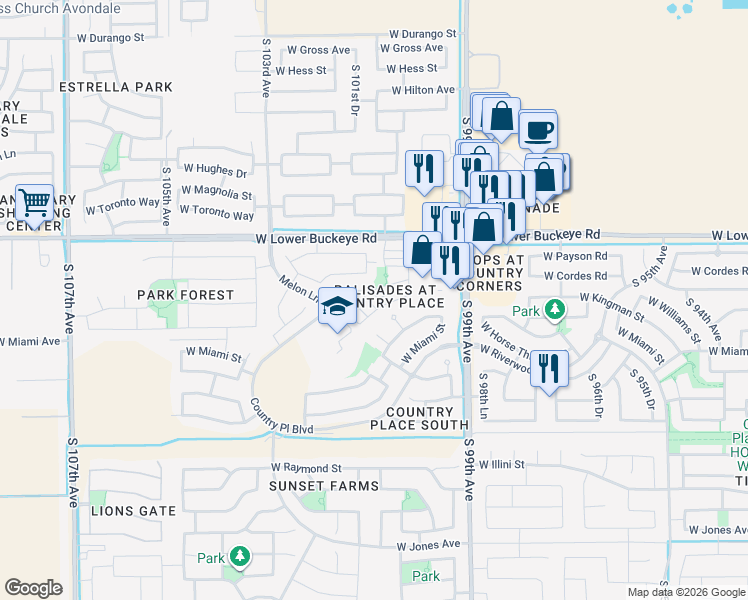 map of restaurants, bars, coffee shops, grocery stores, and more near 3024 South 101st Avenue in Tolleson