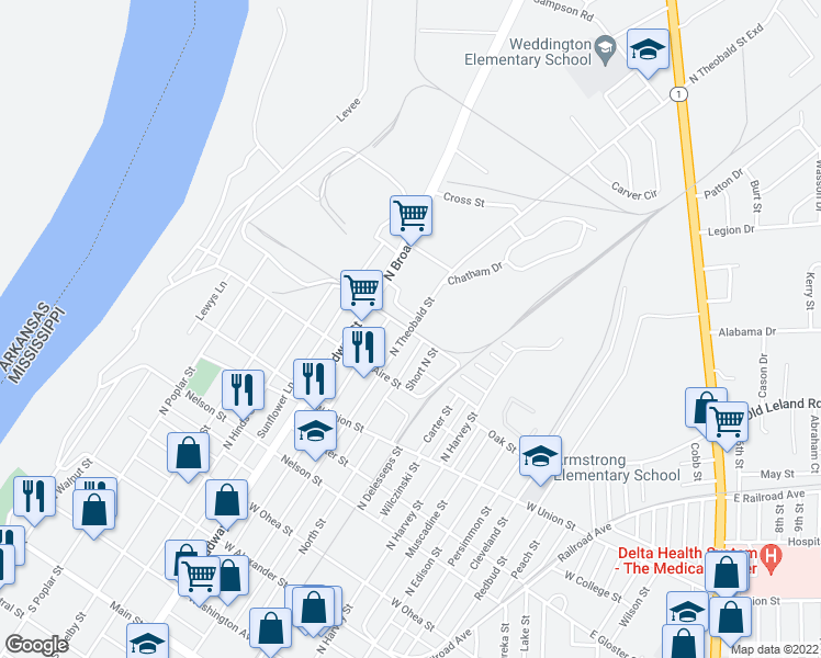 map of restaurants, bars, coffee shops, grocery stores, and more near North Theobald Street in Greenville