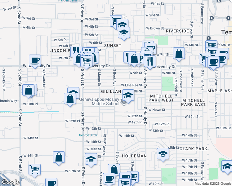 map of restaurants, bars, coffee shops, grocery stores, and more near 1149 West 10th Street in Tempe