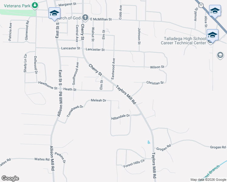 map of restaurants, bars, coffee shops, grocery stores, and more near 511 Heath Street in Talladega