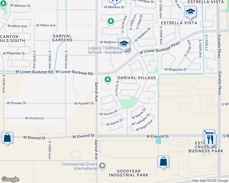map of restaurants, bars, coffee shops, grocery stores, and more near 16181 West Williams Street in Goodyear