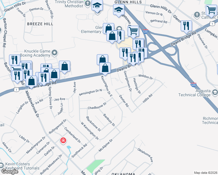 map of restaurants, bars, coffee shops, grocery stores, and more near 2520 Kensington Drive East in Augusta