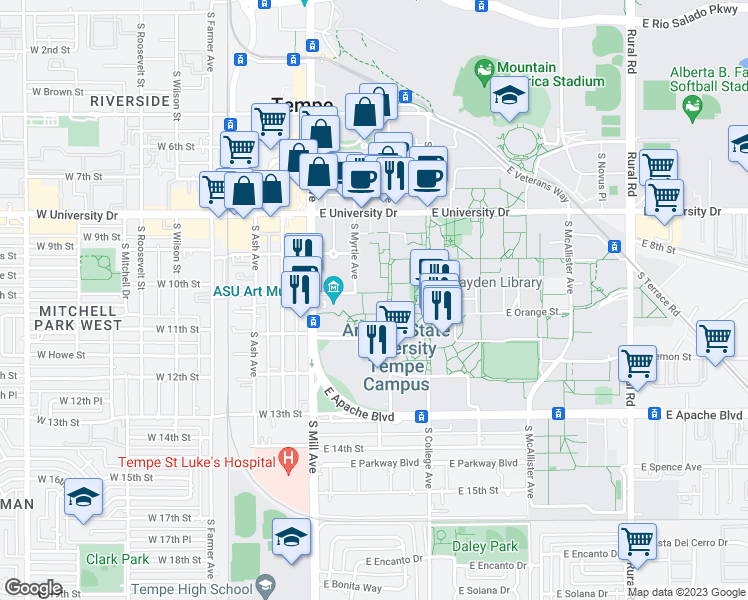 map of restaurants, bars, coffee shops, grocery stores, and more near 1050 South Forest Mall in Tempe