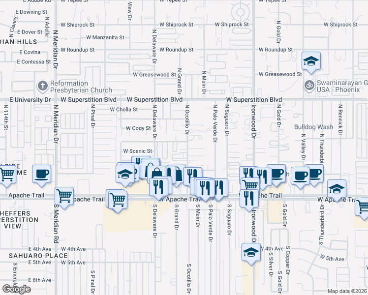 map of restaurants, bars, coffee shops, grocery stores, and more near 416 North Ocotillo Drive in Apache Junction