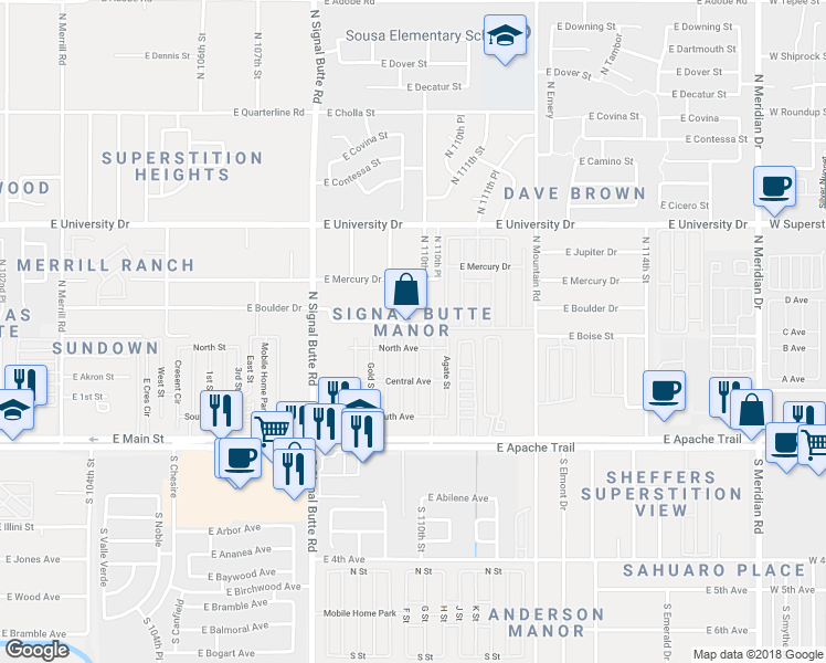map of restaurants, bars, coffee shops, grocery stores, and more near 10941 East Boston Street in Apache Junction