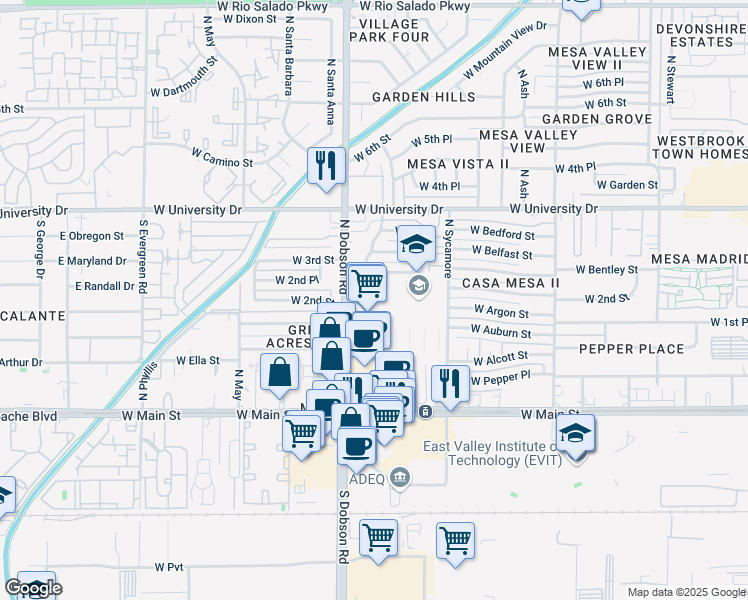 map of restaurants, bars, coffee shops, grocery stores, and more near 1931 West 2nd Street in Mesa
