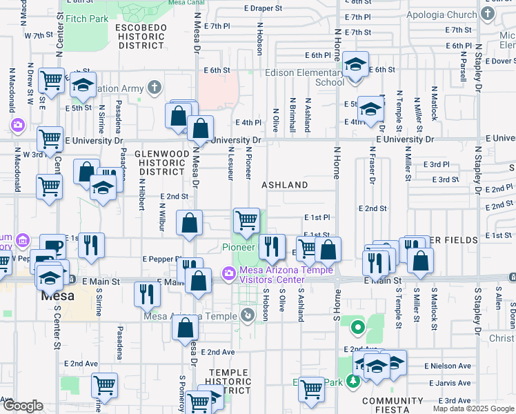 map of restaurants, bars, coffee shops, grocery stores, and more near 410 Park Village in Mesa
