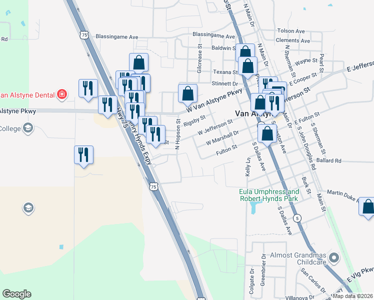 map of restaurants, bars, coffee shops, grocery stores, and more near 500 West Marshall Drive in Van Alstyne