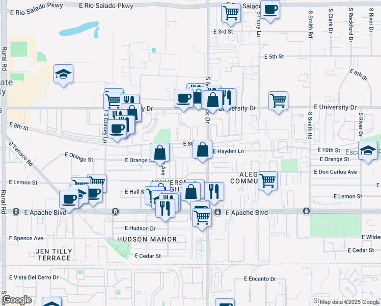 map of restaurants, bars, coffee shops, grocery stores, and more near 1701 East 8th Street in Tempe