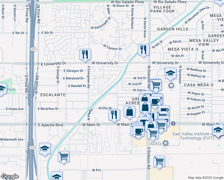 map of restaurants, bars, coffee shops, grocery stores, and more near 2220 West Dora Street in Mesa