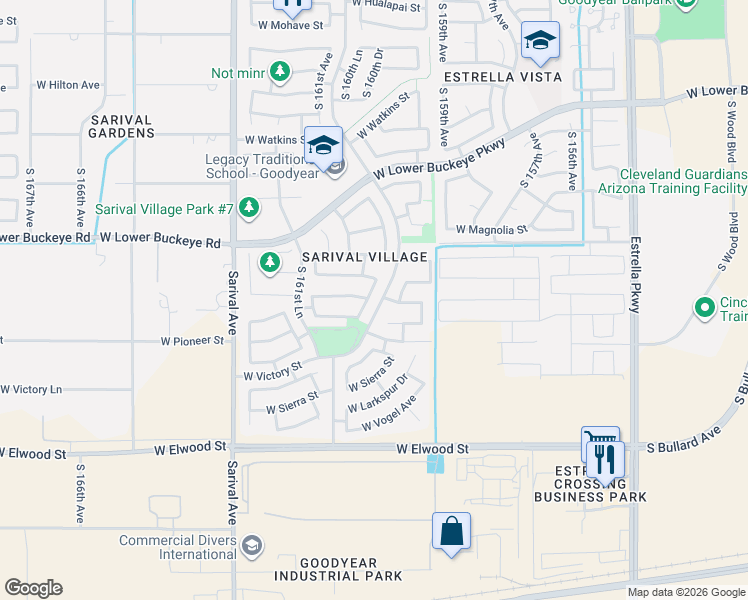 map of restaurants, bars, coffee shops, grocery stores, and more near 16054 West Miami Street in Goodyear