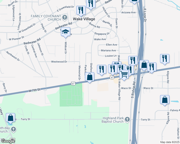map of restaurants, bars, coffee shops, grocery stores, and more near 230 Shellwood Drive in Wake Village