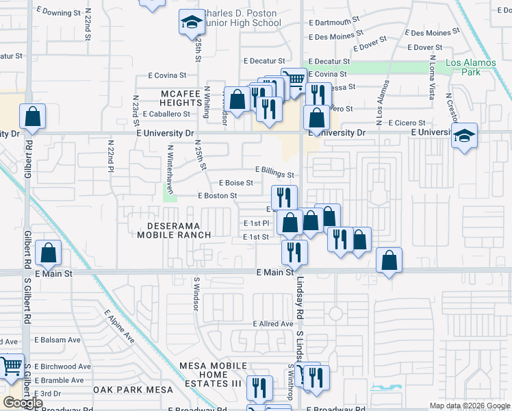 map of restaurants, bars, coffee shops, grocery stores, and more near 2641 East 2nd Street in Mesa