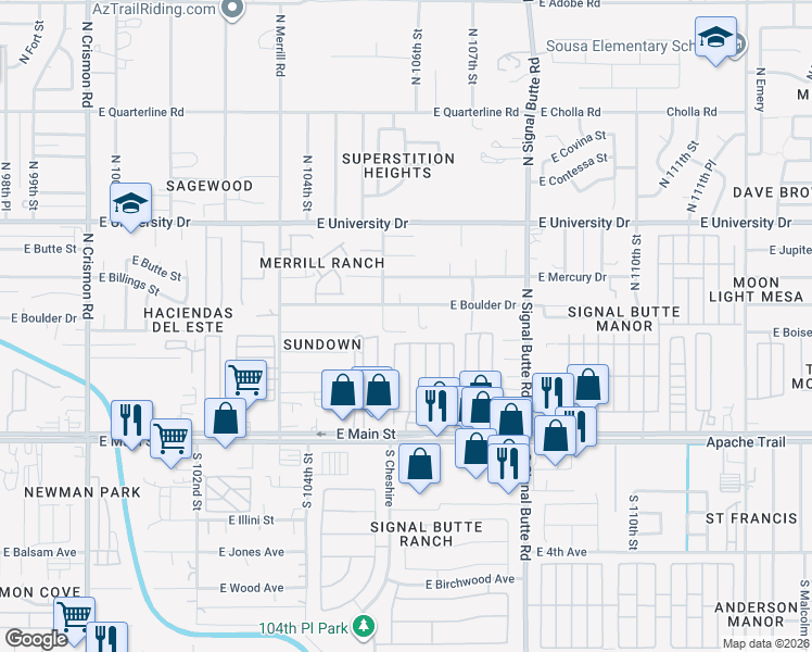 map of restaurants, bars, coffee shops, grocery stores, and more near 10552 East Boise Street in Apache Junction
