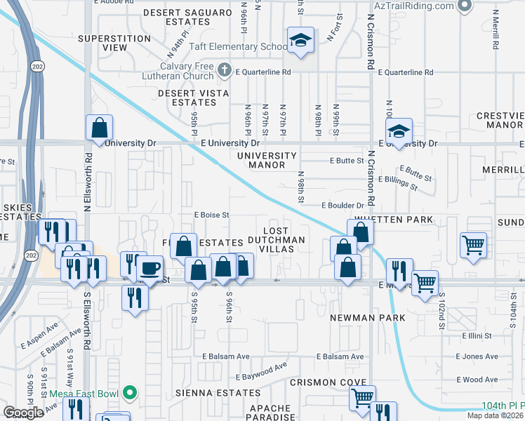 map of restaurants, bars, coffee shops, grocery stores, and more near 146 North 96th Way in Mesa