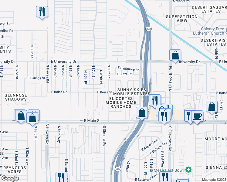 map of restaurants, bars, coffee shops, grocery stores, and more near 155 North 88th Place in Mesa