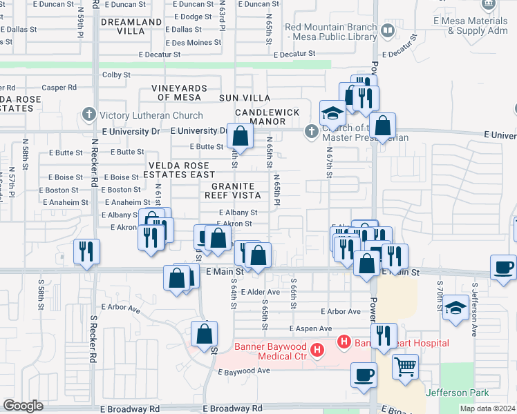 map of restaurants, bars, coffee shops, grocery stores, and more near 6449 East Albany Street in Mesa