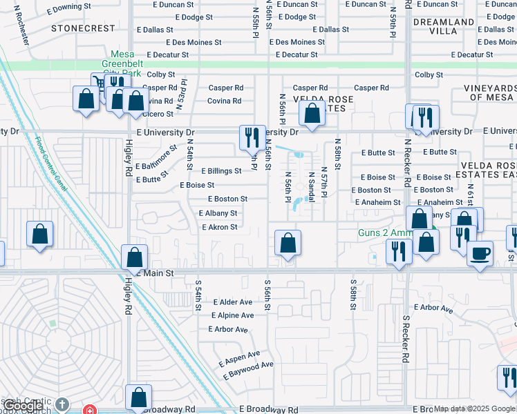 map of restaurants, bars, coffee shops, grocery stores, and more near 130 North 56th Street in Mesa
