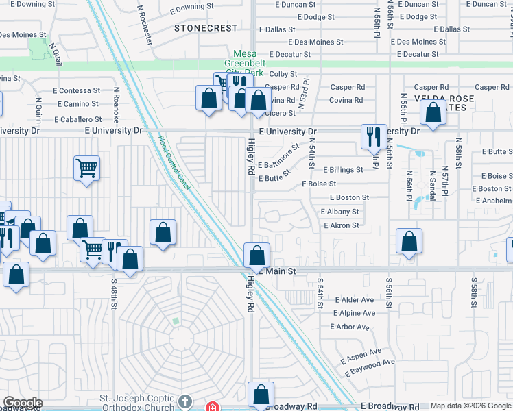 map of restaurants, bars, coffee shops, grocery stores, and more near 131 North Higley Road in Mesa