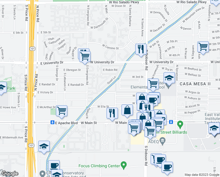 map of restaurants, bars, coffee shops, grocery stores, and more near 2220 West Dora Street in Mesa
