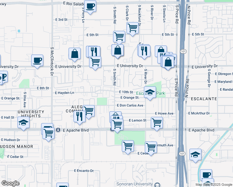 map of restaurants, bars, coffee shops, grocery stores, and more near 2008 East Orange Street in Tempe