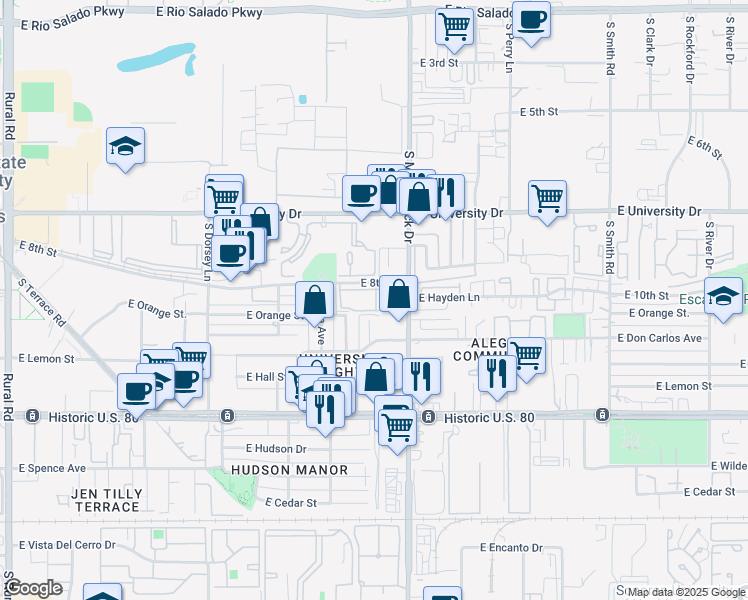 map of restaurants, bars, coffee shops, grocery stores, and more near 1701 East 8th Street in Tempe