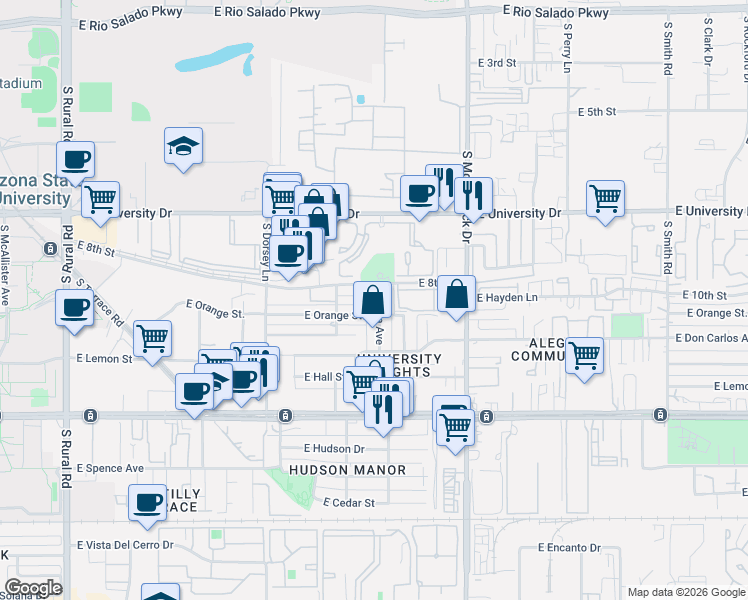 map of restaurants, bars, coffee shops, grocery stores, and more near 1418 East Orange Street in Tempe