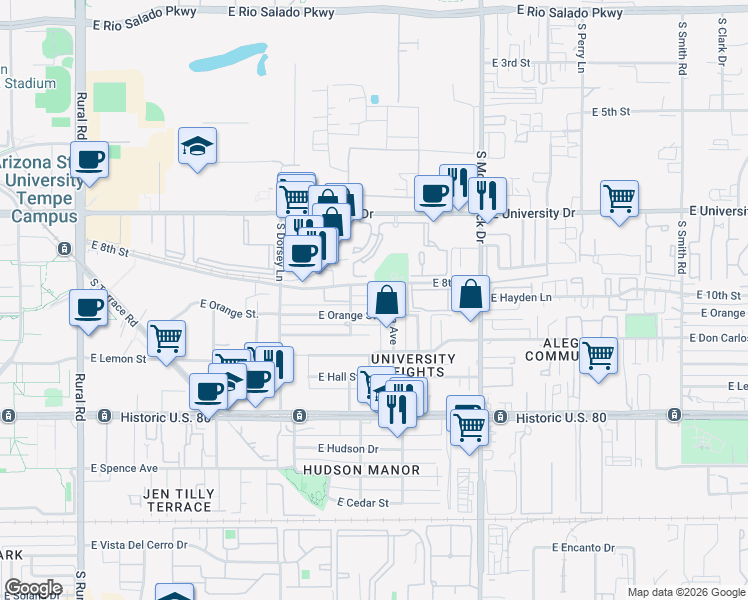 map of restaurants, bars, coffee shops, grocery stores, and more near 1418 East Orange Street in Tempe