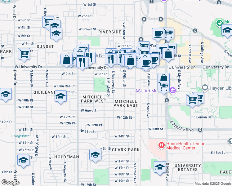 map of restaurants, bars, coffee shops, grocery stores, and more near 1031 South Roosevelt Street in Tempe