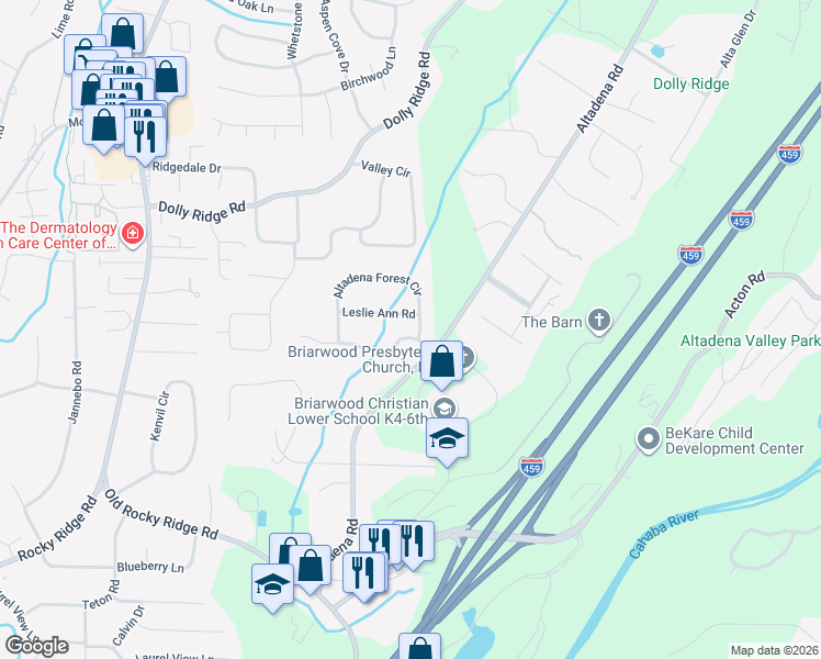 map of restaurants, bars, coffee shops, grocery stores, and more near 3653 Dabney Drive in Vestavia Hills