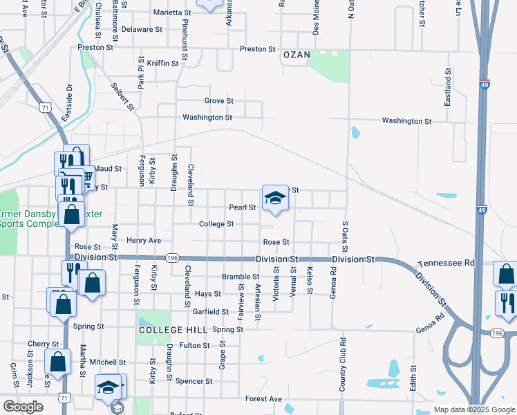 map of restaurants, bars, coffee shops, grocery stores, and more near 205 Artesian Street in Texarkana