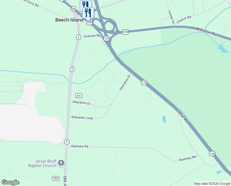 map of restaurants, bars, coffee shops, grocery stores, and more near 425 Sheraton Drive in Beech Island