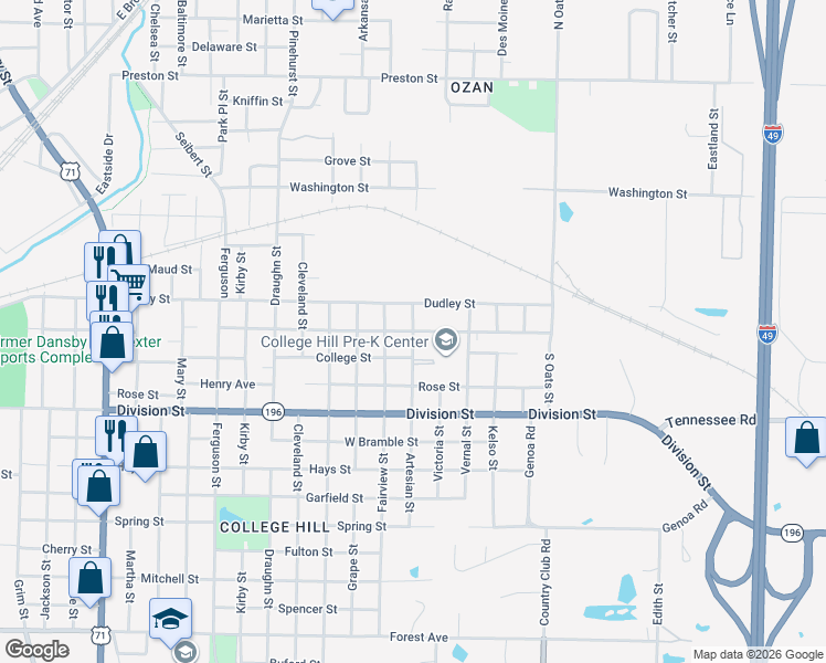 map of restaurants, bars, coffee shops, grocery stores, and more near 200 Artesian Street in Texarkana