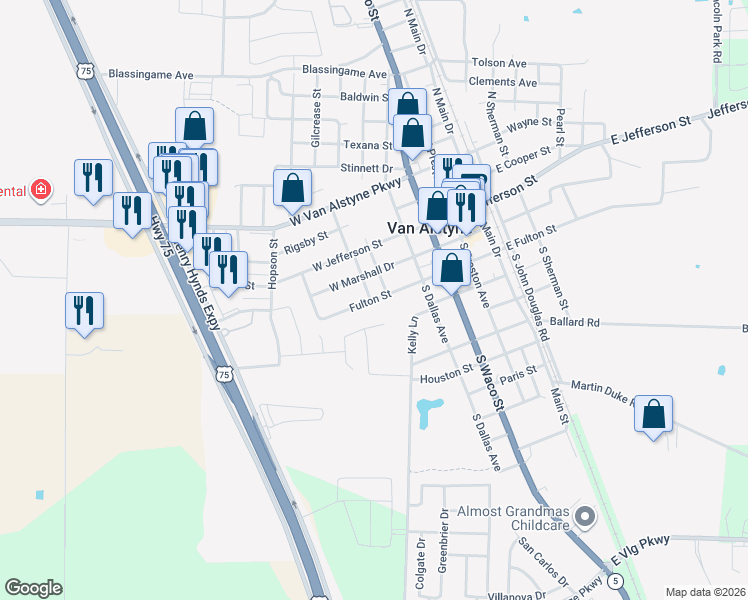 map of restaurants, bars, coffee shops, grocery stores, and more near 266 Fulton Street in Van Alstyne