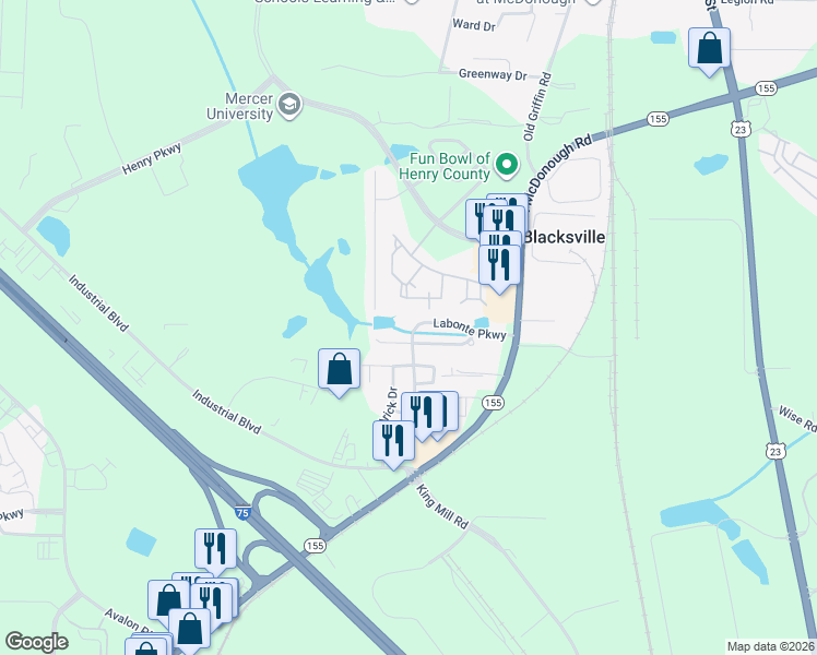 map of restaurants, bars, coffee shops, grocery stores, and more near 1530 Labonte Parkway in McDonough