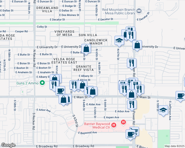 map of restaurants, bars, coffee shops, grocery stores, and more near 6449 East Albany Street in Mesa