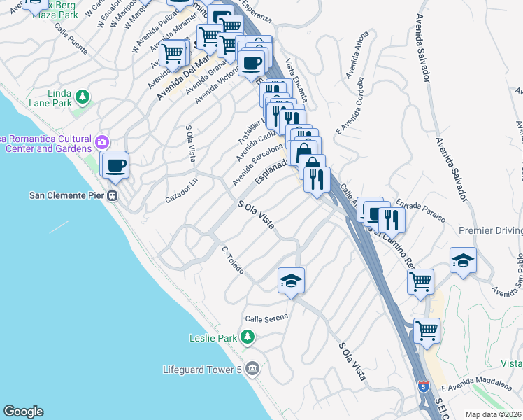 map of restaurants, bars, coffee shops, grocery stores, and more near 1107 South Ola Vista in San Clemente