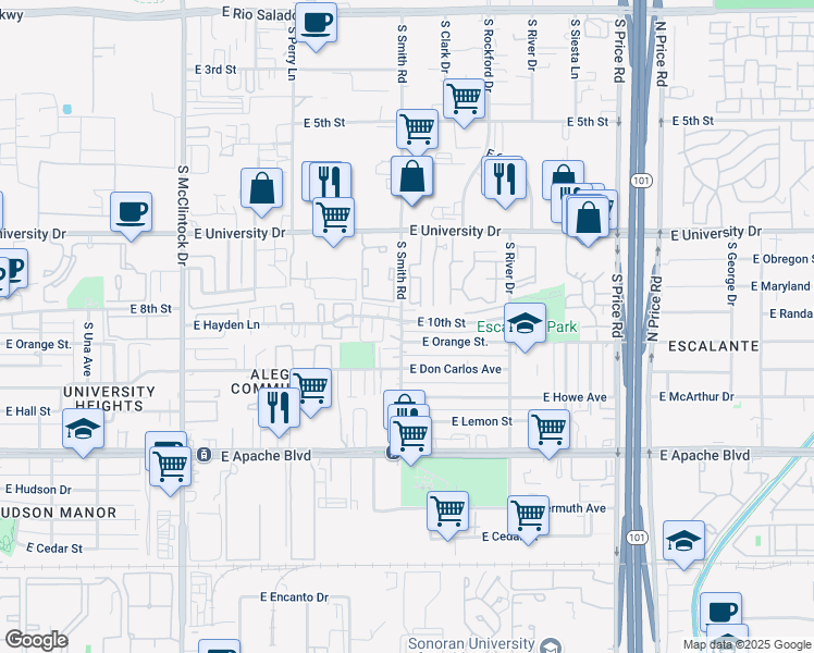 map of restaurants, bars, coffee shops, grocery stores, and more near 2008 East Orange Street in Tempe