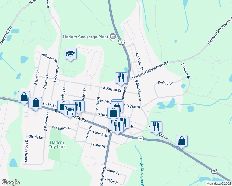 map of restaurants, bars, coffee shops, grocery stores, and more near 320 North Louisville Street in Harlem