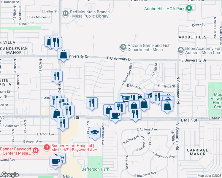 map of restaurants, bars, coffee shops, grocery stores, and more near 125 North Sunvalley Boulevard in Mesa