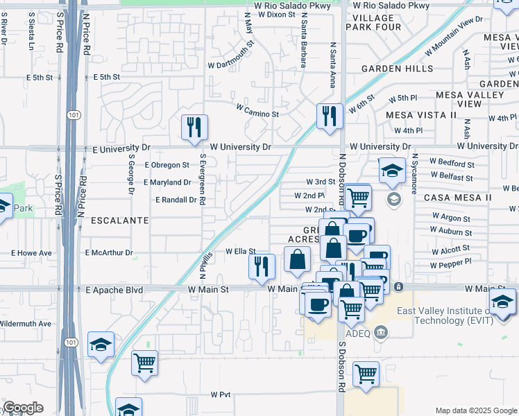 map of restaurants, bars, coffee shops, grocery stores, and more near 2220 West Dora Street in Mesa
