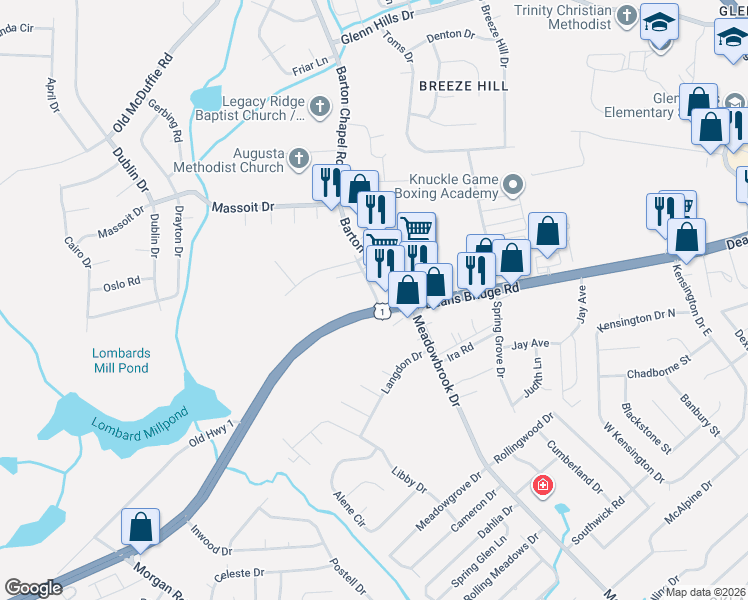 map of restaurants, bars, coffee shops, grocery stores, and more near 3414 Deans Bridge Road in Augusta